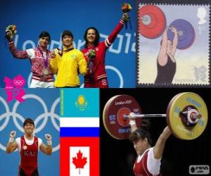 yapboz Bayanlar 63 kg Halter podyum, Otoko Maneza (Kazakistan), Svetlana Tsarukayeva (Rusya) ve Christine Girard (Canada) - Londra 2012-